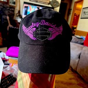 Harley Davidson black hat with purple embroidery and embellishments.